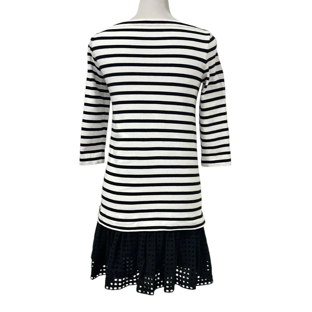 KATE SPADE Broome Street Womens Eyelet Stripe Dress Sz XS Black White Boat Neck